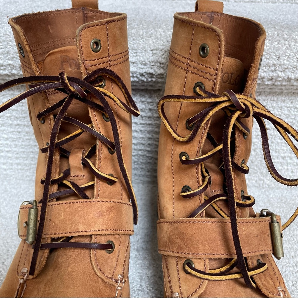 Polo Ralph Lauren Leather Ranger Brown Lug Sole Buckle Detail Lace Up Boots - Picture 2 of 11